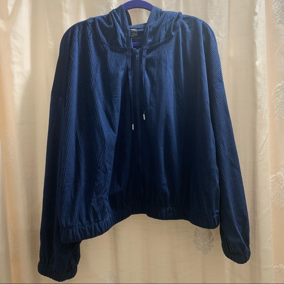 Navy Blue Cropped Drop Shoulder Drawstring Corduroy Jacket with Hood NWOT - Picture 5 of 16